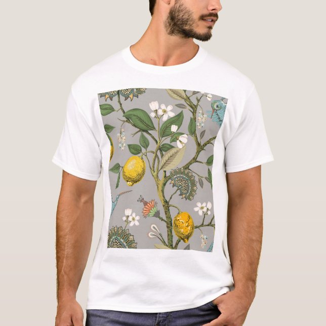 Botaniska fågelblommor: Ritad Vintage Tapet T Shirt (Framsida)