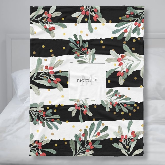 Botaniska Family Monogram Modern Black Chic Winter Fleecefilt (Skapare uppladdad)