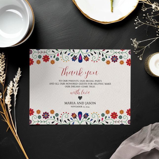 Botaniska Fiesta Bröllop (mexikansk folkart Blommi Tack Kort (Mexican Folk Art Floral Botanical Fiesta Wedding Thank You Card)