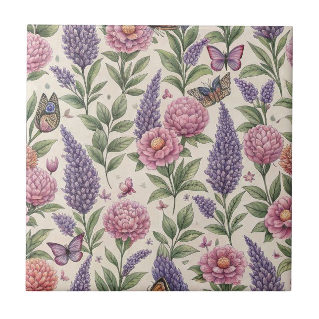 Botaniska Fjärilar Lavendel Trädgård Kakelplatta (Framsidan)