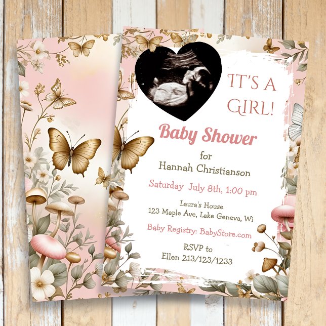 Botaniska fjärilar & ultraljud baby shower   inbjudningar (Skapare uppladdad)