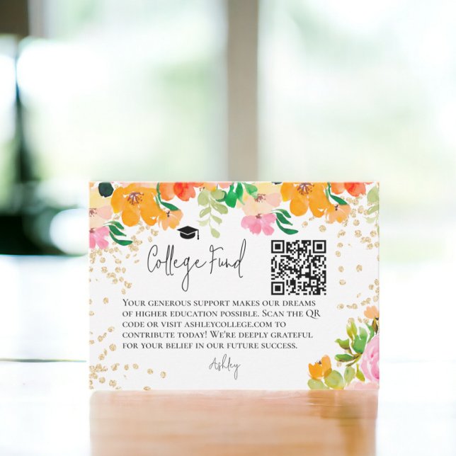 botaniska fonden guld glitter blommigt studenten tilläggskort (Gold glitter floral botanical fund graduation enclosure card)