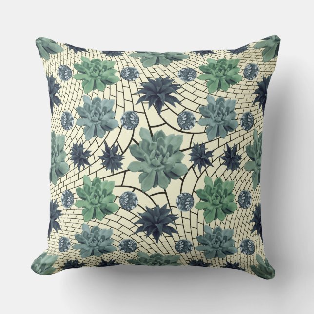 Botaniska Garden Blommigt Teal Grönt Cacti Mönster Kudde (Framsida)