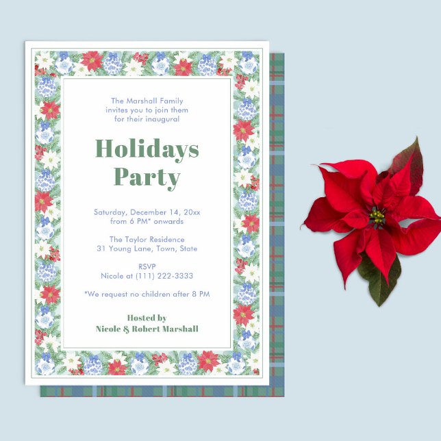 Botaniska Gräns Blue White Red Helgdagar Party Inbjudningar (Blue White and Red Watercolor Chintz Grandmillenial Holidays Party Invitation)