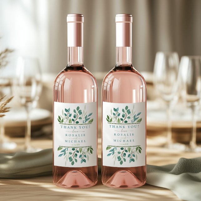 Botaniska Greenery Bröllop Vinflaska Etikett (Botanical Greenery Thank You Wedding Wine Labels)