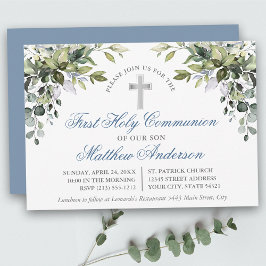 Botaniska Greenery Dusty Blue First Communion Inbjudningar