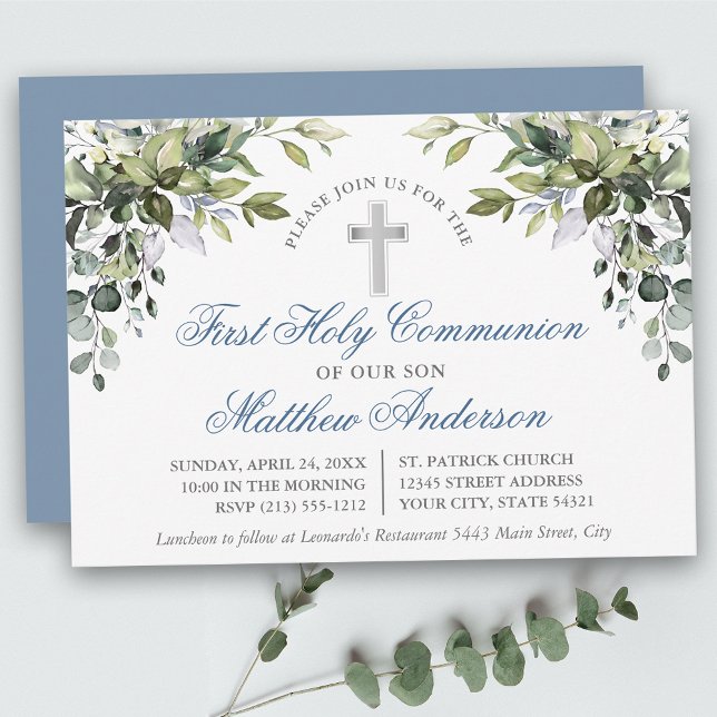 Botaniska Greenery Dusty Blue First Communion Inbjudningar (Customize to change text size, color, style or to change color of back of card.)