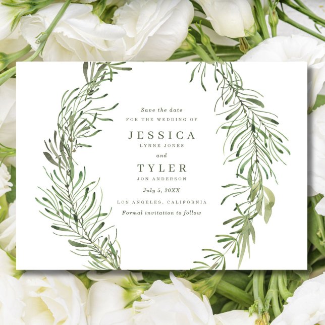 Botaniska Greenery Elegant Photo Bröllop Spara Datumet (Botanical Greenery Elegant Photo Wedding Save The Date)