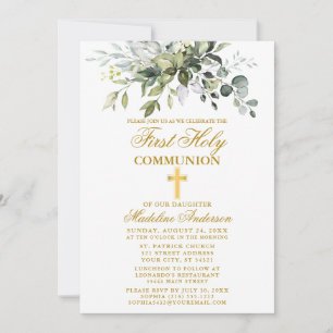 Botaniska Greenery First Communion Guld Inbjudningar