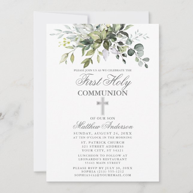 Botaniska Greenery First Communion Silver Inbjudningar (Framsida)