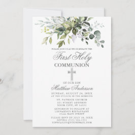 Botaniska Greenery First Communion Silver Inbjudningar