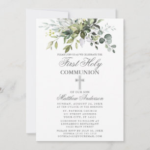 Botaniska Greenery First Communion Silver Inbjudningar