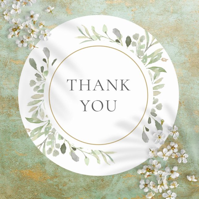 Botaniska Greenery Foliage Tack Runt Klistermärke (Botanical Greenery Foliage Thank You Classic Round Sticker)