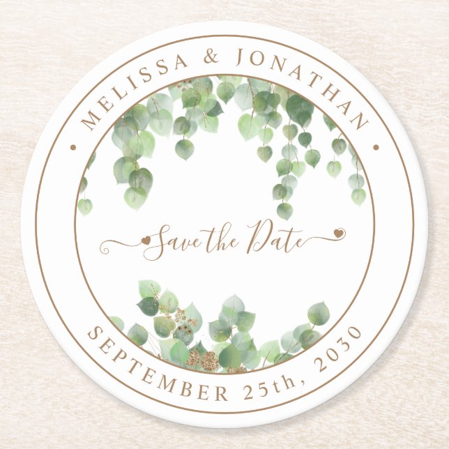 Botaniska Greenery Guld Bröllop spara datum Underlägg Papper Rund (Framsidan)