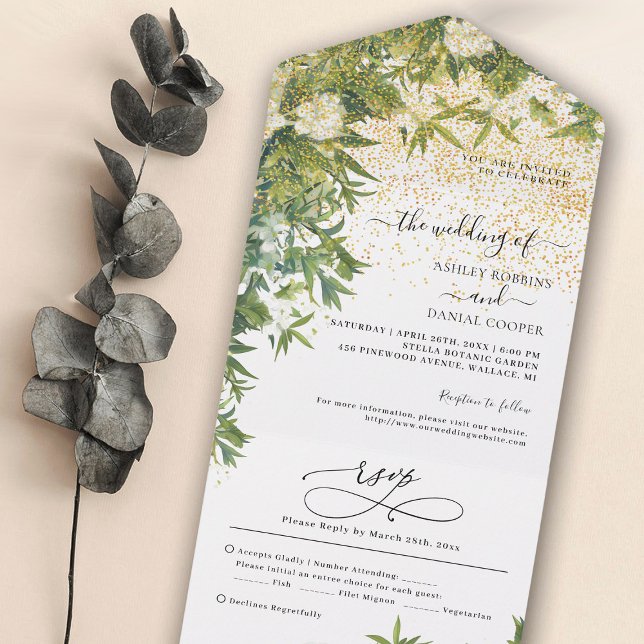 Botaniska Greenery Guld Glitter Bröllop (Skapare uppladdad)