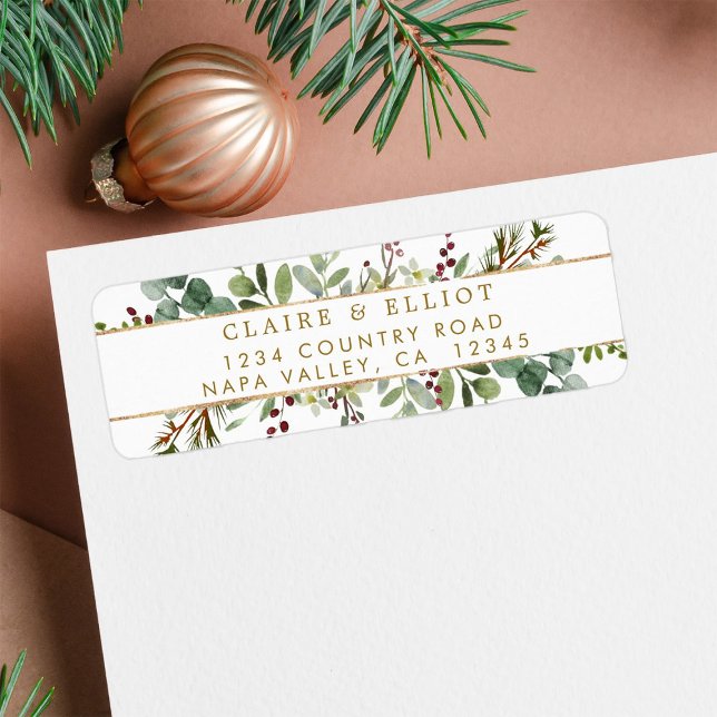 Botaniska Greenery jul Returadressen Guld Returadress Etikett (Skapare uppladdad)