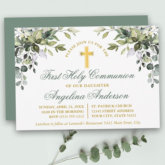 Botaniska Grey First Communion Sage Grönt Inbjudningar (Customize to change text size, style or color of back of card.)