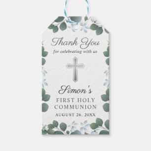 Botaniska Grey First Heliga Communion Tack Presentetikett