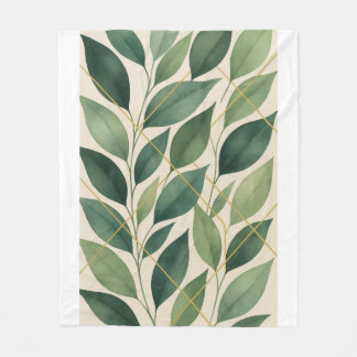 Botaniska gröna blad flanellfilt | Akvarell Fleecefilt