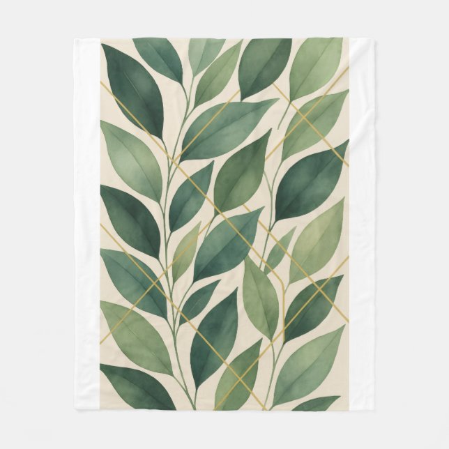 Botaniska gröna blad flanellfilt | Akvarell Fleecefilt (Framsidan)