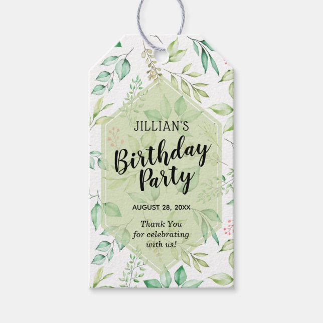 Botaniska Gröna Blad Födelsedagsfest Tack Presentetikett (Framsidan)