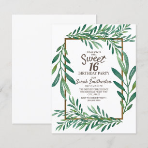 Botaniska Gröna Blad Vita Guld Sweet 16 Inbjudningar