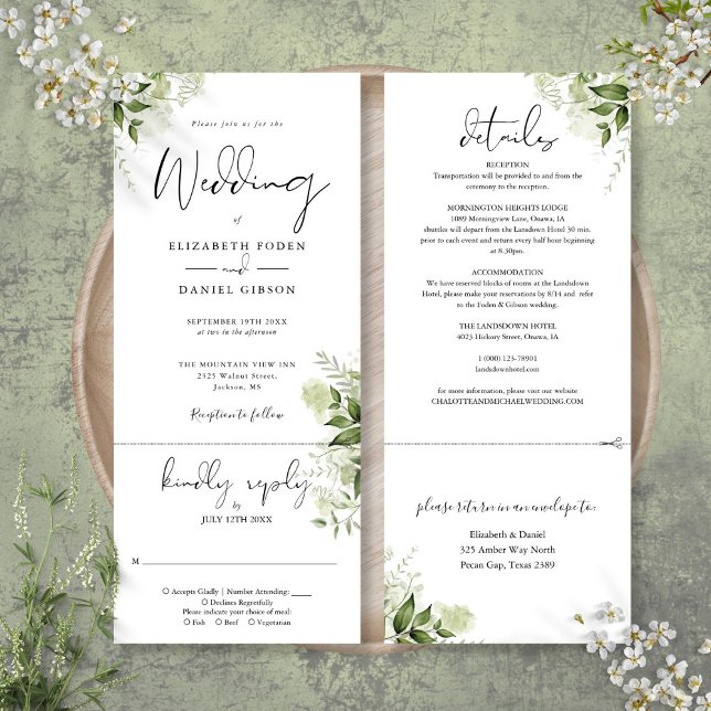 Botaniska grönska blad Allt i ett bröllop Inbjudningar (Botanical Greenery Leaves All In One Wedding Invitation)