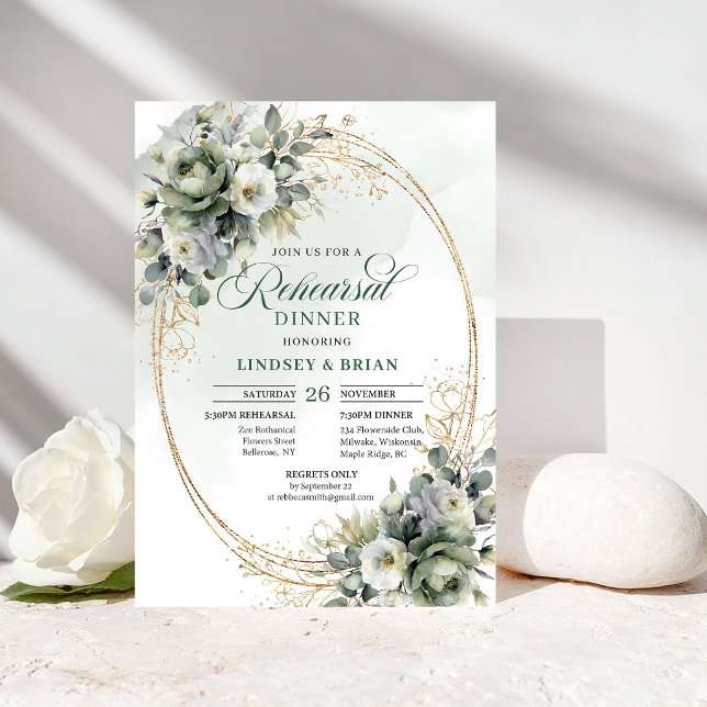 Botaniska grönska Guld Övningsmiddagsinbjudningar Inbjudningar (Botanical Greenery Gold Rehearsal Dinner Invitation)