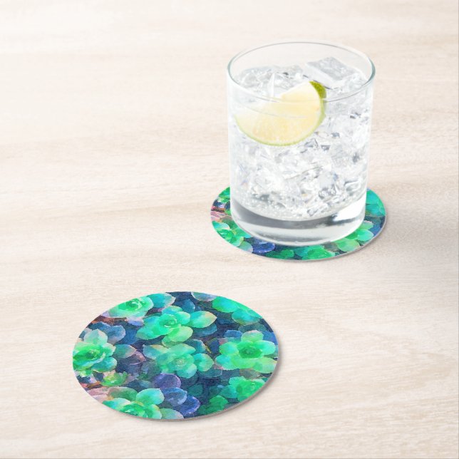 Botaniska Gröntar Shades Blommigt Succulent Waterc Underlägg Papper Rund (Insitu)