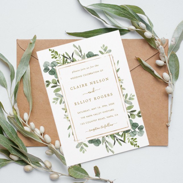 Botaniska Guld Greenery Bröllop Inbjudningar (Skapare uppladdad)