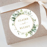 Botaniska Guld Greenery Bröllop Runt Klistermärke<br><div class="desc">Den här bröllop-klistermärket har färgat eukalyptus grey,  grönt löv och guld runt ram. Om du vill ha en mer avancerad anpassning av den här designen klickar du på länken Anpassa ytterligare. Matchande objekt är också tillgängliga.</div>