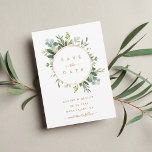 Botaniska Guld Greenery Bröllop spara datum Meddelande Vykort<br><div class="desc">Med det här vykortet i bröllop spara datum har du färgat vattenfärgen eukalyptus grey,  grönt löv och guld ram. Om du vill ha en mer avancerad anpassning av den här designen klickar du på länken Anpassa ytterligare. Matchande objekt är också tillgängliga.</div>