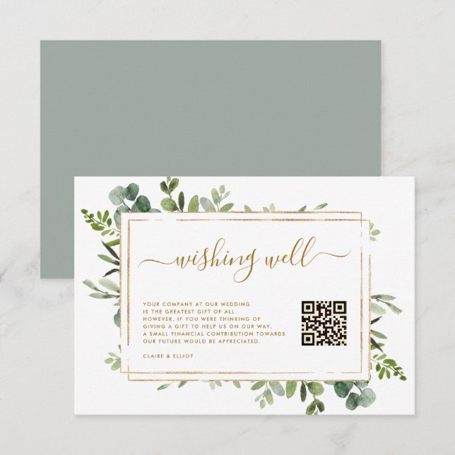 Botaniska Guld Greenery Wishing well med QR-kod Tilläggskort (Fram/baksida)