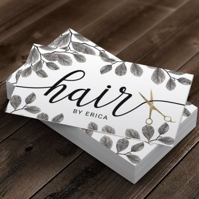 Botaniska Guld-saxar Elegant Typografi Hair Visitkort (Skapare uppladdad)