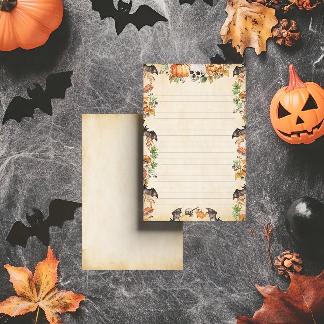 Botaniska Halloween med Fladdermus och pumpor Lini Brevpapper (Whispers of October linger in pumpkins and foliage, each note a keepsake of haunted nostalgia.)