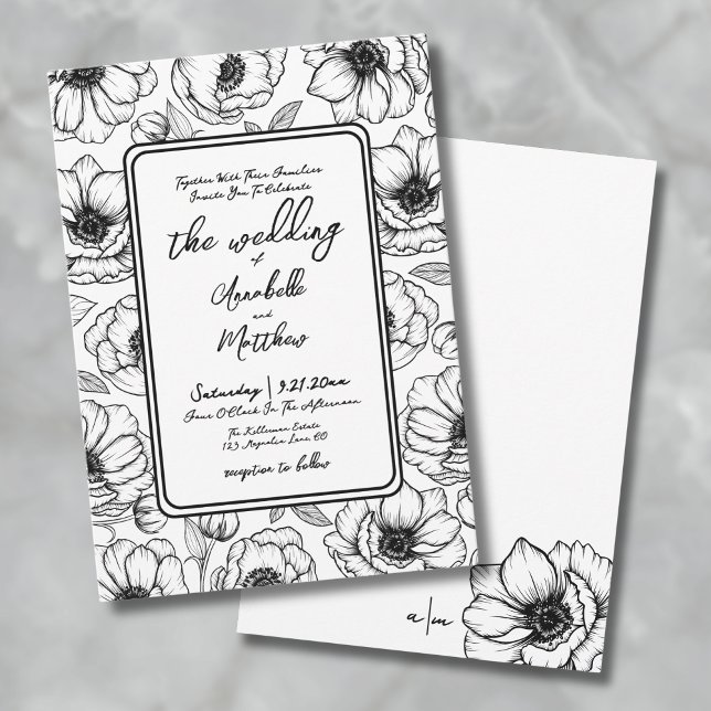 Botaniska Hand plockade Whimsical Blommigt Bröllop Inbjudningar (Floral Hand Drawn Whimsical Wedding Invitation)