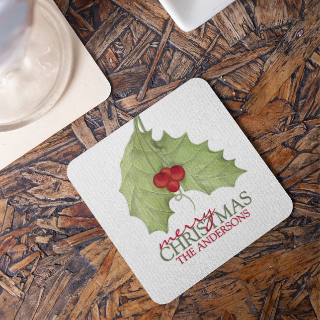 Botaniska Helgdag God jul Namn Underlägg Papper Kvadrat (Elegant botanical Merry Christmas personalized coaster with festive greenery holiday drink decor.)