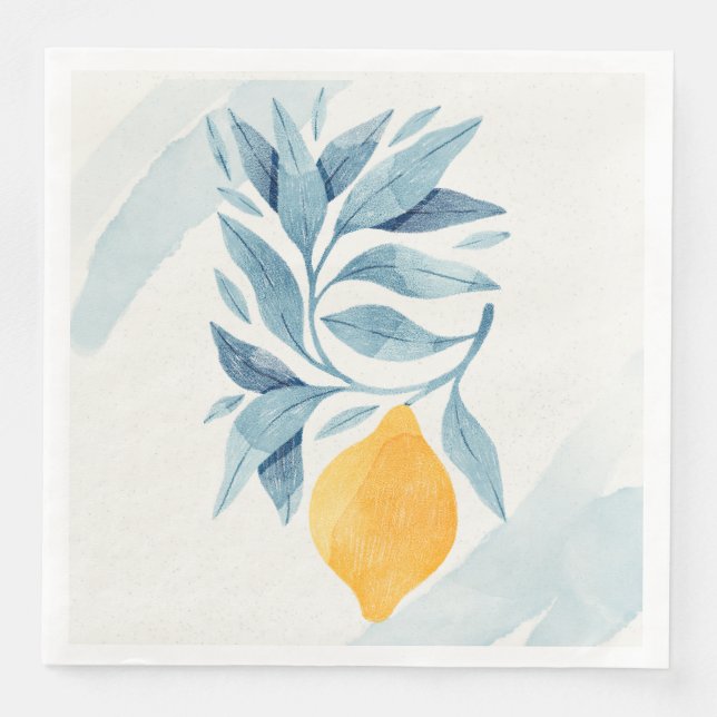 botaniska illustrationer av citron med blå löv pappersservett (Framsida)
