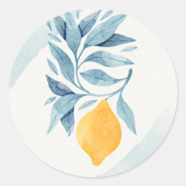 botaniska illustrationer av citron med blå löv runt klistermärke