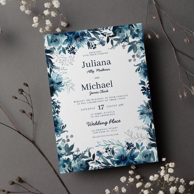 Botaniska indigo-vattenfärgen blommigt ram Bröllop Inbjudningar (Botanic indigo watercolor floral frame Wedding Invitation)
