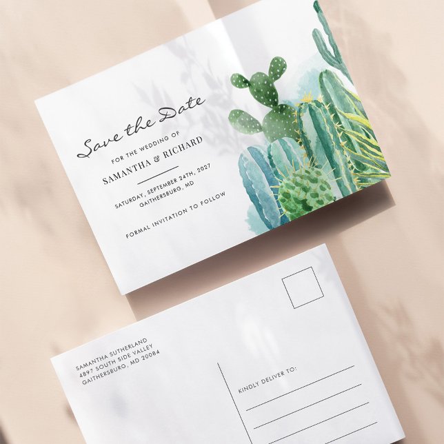 Botaniska Kaktusar Akvarell Bröllop Spara Datum Meddelande Vykort (Cacti Watercolor Wedding Save the Date Postcard)