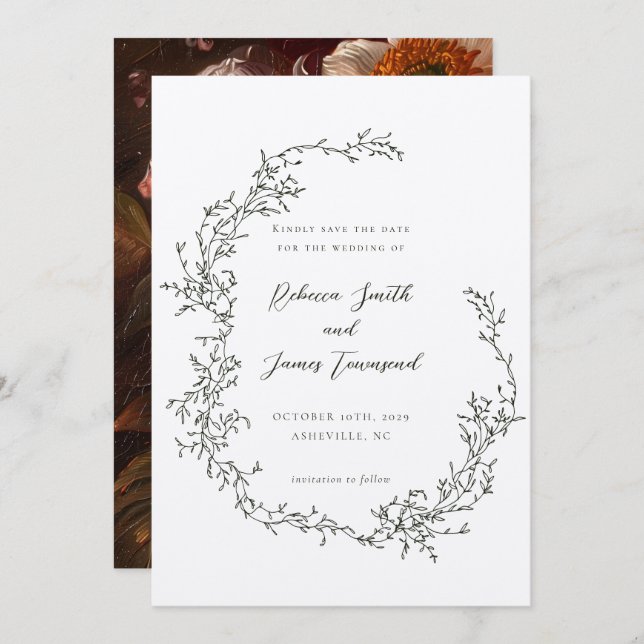 Botaniska kransfärgade konsfärger i Bröllop Spara Datumet (Fram/baksida)