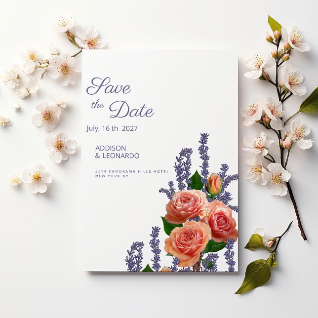 Botaniska lavendel persika ros blommor Spara datum Inbjudningar (Botanic lavender peach rose flowers Save the Date )