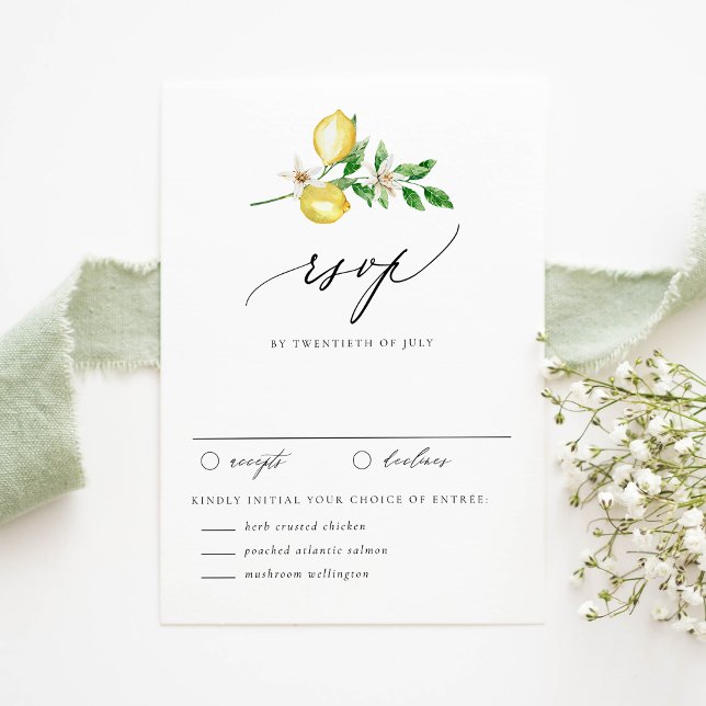 Botaniska Lemon och Greenery Garden Wedding OSA Kort (Customizable RSVP Card with Watercolor Lemons, Blossoms & Greenery | RSVP with Date & Entree Choices)