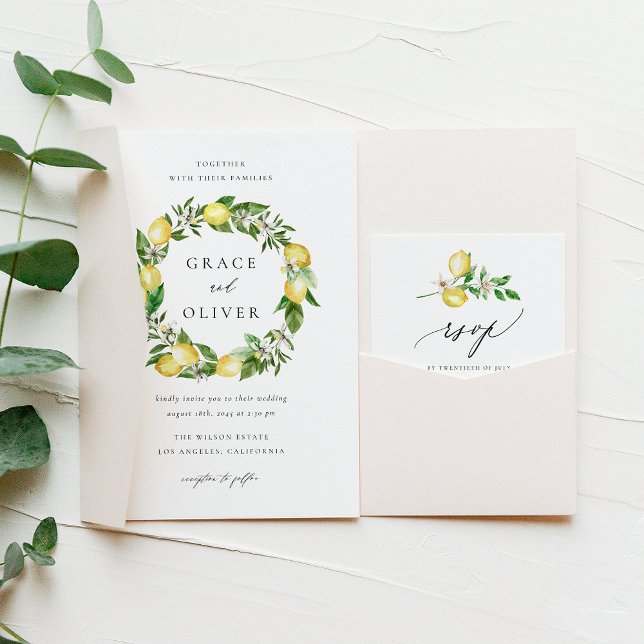Botaniska Lemon och Greenery WandeSummer Bröllop Inbjudningar (Customizable Wedding Invitation with Watercolor Lemons, Blossoms & Greenery | Lemon Theme Wedding )