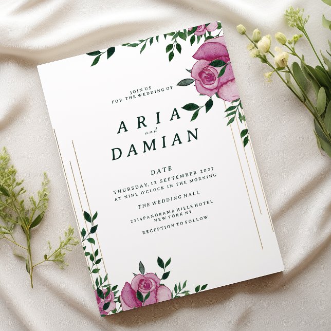 Botaniska lilac grönt guld ro blommigt Bröllop Inbjudningar (Botanic lilac green gold rose floral Wedding)