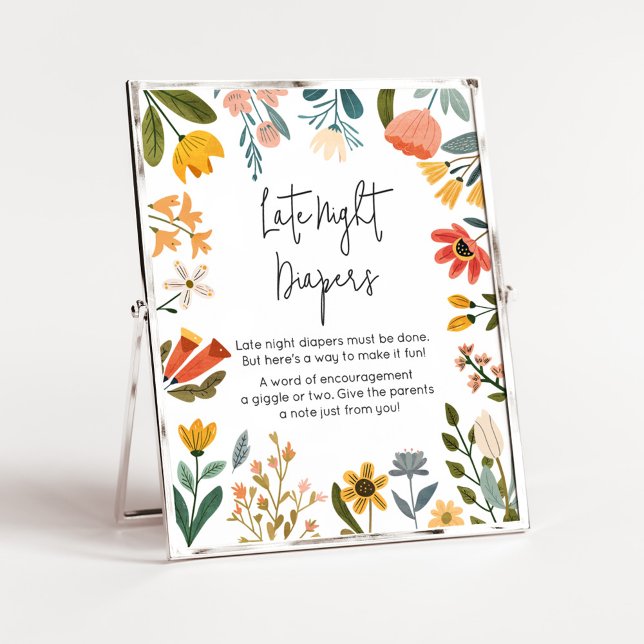 Botaniska ljusblommor, sena nattblöjor poster (Botanical Bright Wildflower Baby Shower Late Night Diapers Sign
)