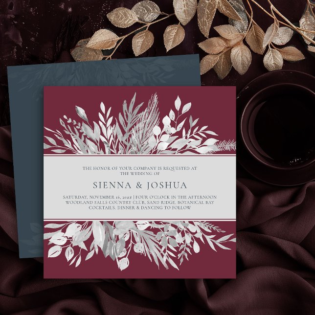 Botaniska Löv Burgundy Grått Square Bröllop Inbjudningar (Square wedding invitation in Burgundy and Grey from the Foliage Duet Collection by Darling & May)