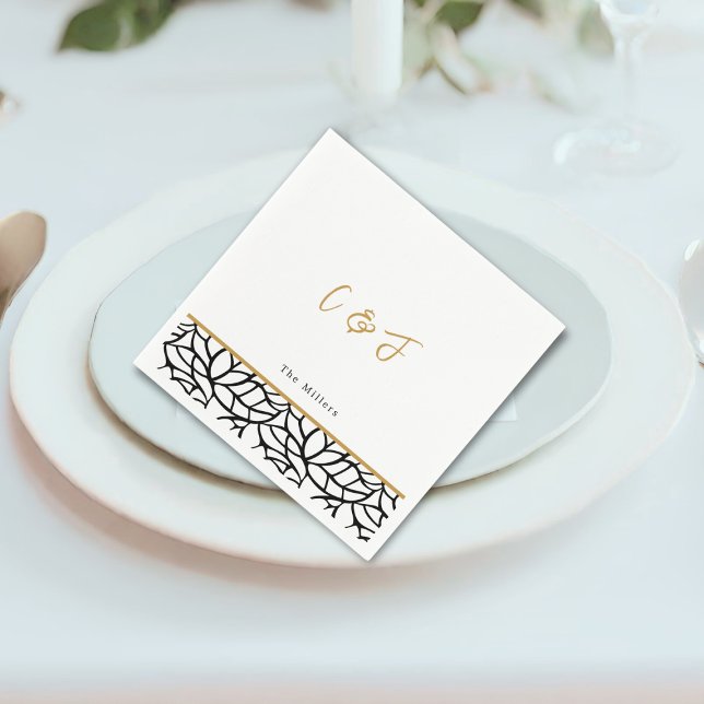 Botaniska Löv Mönster Gräns Initialer Bröllop Pappersservett (Botanical Leaf Pattern Border Initials Wedding Napkins)
