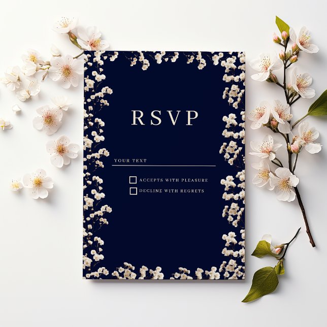 Botaniska marinblå elfenbensfärgade gypsophila blo inbjudningar (Botanical navy blue ivory gypsophila floral RSVP)